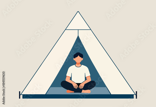 Illustration of person meditating inside an abstract tent, focusing on inner peace