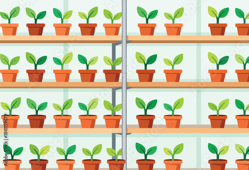 Rows of potted plants with green leaves are arranged on shelves in a simple, repeating pattern