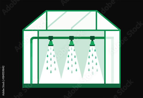 Simplified illustration of a greenhouse, showing sprinklers and water droplets. Green lines and shapes on black
