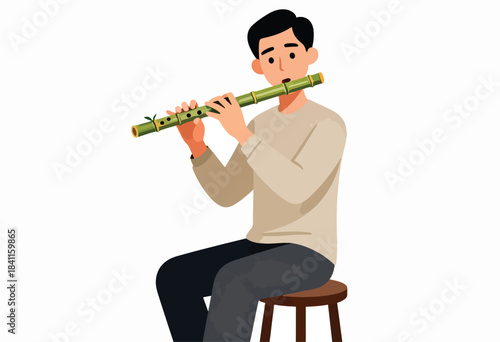 An illustration shows a man seated, playing a bamboo flute, hands positioned. He wears a neutral shirt, and pants
