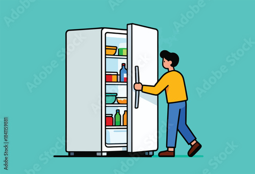 A cartoon illustration depicts a person opening a fridge filled with food. The background is a teal color