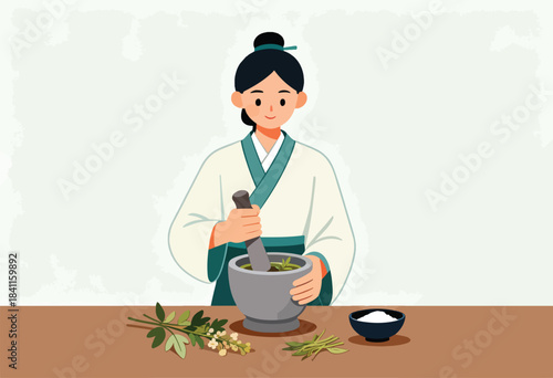 An illustrated woman in traditional garb grinds herbs in a mortar. Plants, mortar & bowl on a wooden table