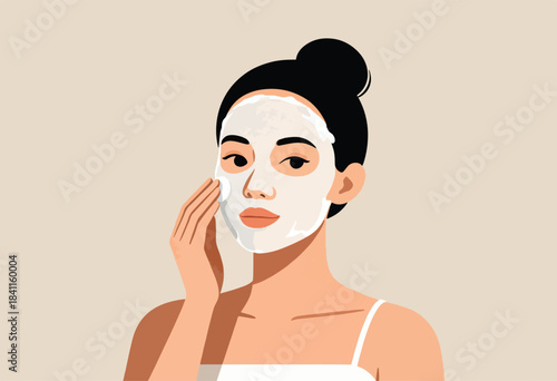 A woman with black bun wearing a white facial mask, touching her cheek. Light beige background