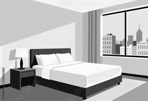 A grayscale bedroom scene with a bed, nightstand, lamp, and window overlooking a city skyline