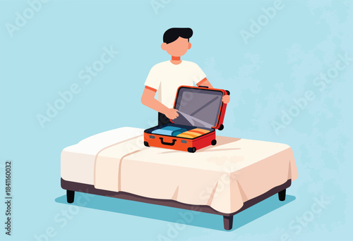 An illustrated person packing a bright red suitcase on a bed, clothing neatly inside, preparing for travel