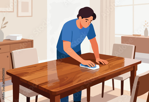 A man cleans a wooden dining table with a cleaning pad, with chairs and sideboards in a soft-light room
