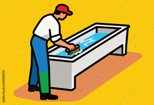 A man in a red cap, white shirt, and blue pants scrubs a trough of water with a brush