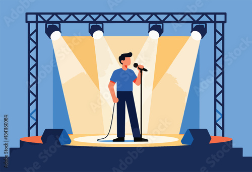 A performer with microphone on stage under stage lights. Simple flat illustration with minimalist style