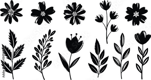 Collection of black and white floral silhouettes and folk art flower designs