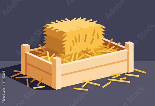 A wooden box filled with hay. Some hay sits inside, while the rest is scattered across the floor in a stylized graphic