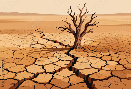 A desolate desert landscape depicts cracked earth and a withered tree. A hot, barren environment is shown