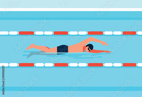 A flat illustration of a swimmer doing freestyle in a pool with lane markers