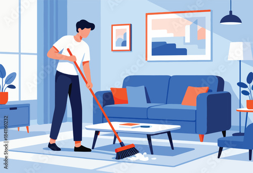 An illustration shows a person cleaning a living room with an orange broom. Furniture and plants are present