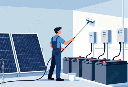 Illustration depicts a worker cleaning a wall. Solar panels, batteries, and electrical boxes are also shown