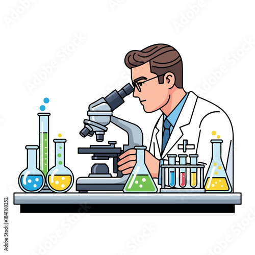 A scientist in a lab coat examines a sample through a microscope surrounded by various colorful beakers and test tubes on a laboratory bench.