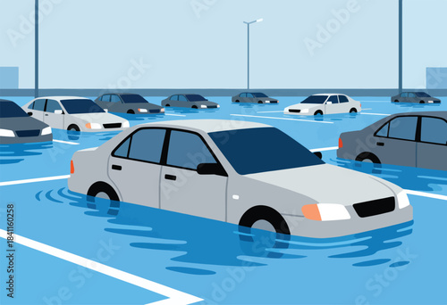Illustration depicts a flooded parking lot with several parked cars partially submerged. Water levels rise around vehicles
