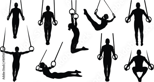 Gymnastics rings exercise training male and female athletes silhouettes performing various strength and balance bodyweight fitness sport positions, vector illustration.