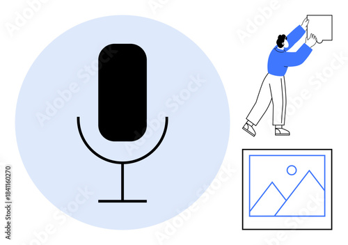 Audio recording concept. Microphone icon with audio focus speech or music. Connected to visuals of person arranging pictures and drawings. For media, communications, podcasting, creative industries