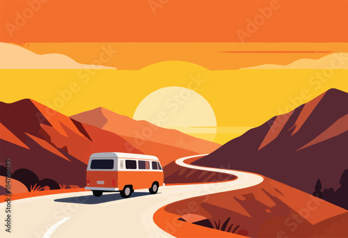 A vintage van journeys along a winding desert road at sunset. Mountains and a golden sky complete the scenic illustration