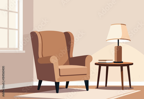 A comfy brown armchair next to a table with a lamp and books, in a room with a window