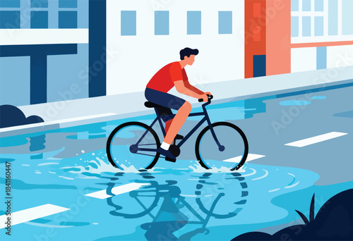 A cyclist in red shirt rides through a flooded street with reflections of the buildings. Illustration