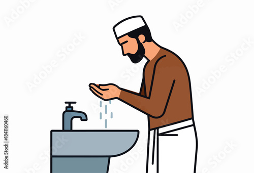 Illustration of a man performing ablution, water flowing from the tap into his hands, minimalist style