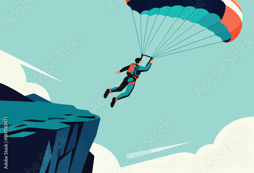 A person in a colorful jumpsuit parachutes away from a cliff, vibrant parachute open against a blue sky