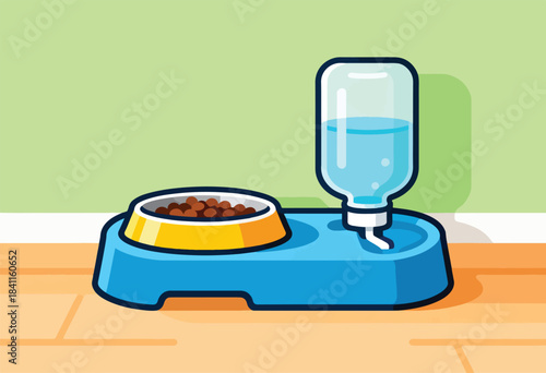 A vibrant cartoon depicts a pet bowl with food next to a water dispenser on a blue stand against a green wall