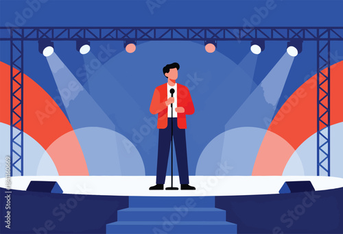 A man in a red jacket stands at a microphone on a stage, lit by spotlights. Decorative set