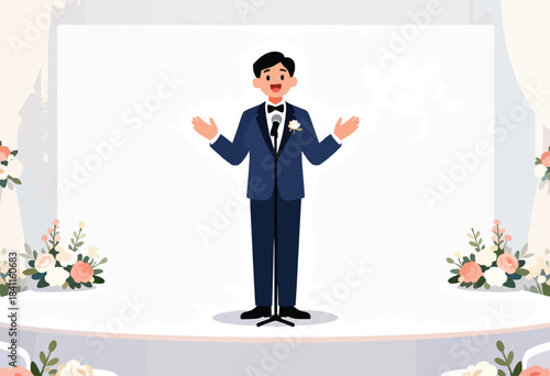 A cartoon groom in a navy suit speaks at a wedding. He has a lapel flower and smiles on stage