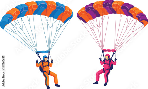 Vector Illustration Set of Two Skydivers Descending with Large Colorful Parachute Canopies