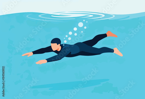 Illustration of a person swimming underwater, bubbles rising. Blue water with light reflections. Swimmer wears a dark suit