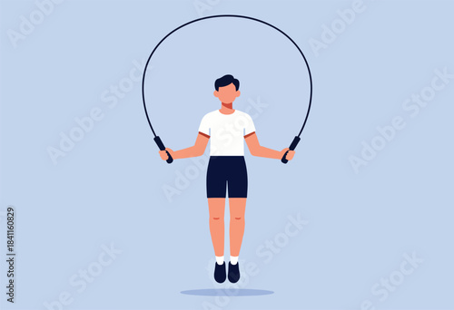 Illustration shows a person in workout clothes jumping rope, mid-jump, against a pale blue background