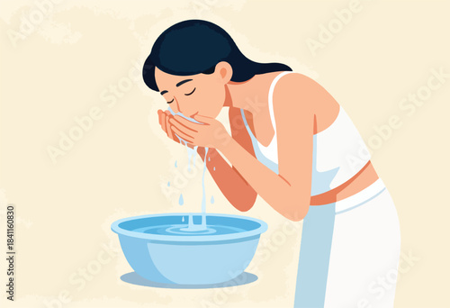 A woman washes her face. She's over a blue bowl of water, with water running down. She wears white clothes