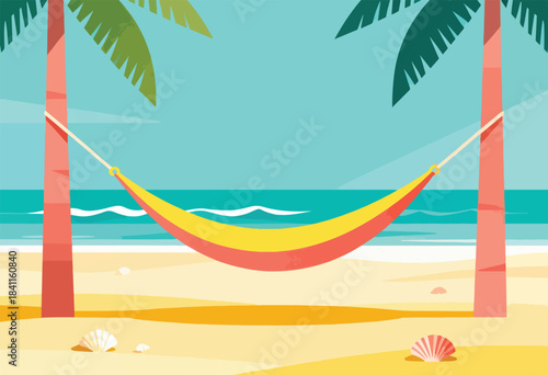 A beach scene depicts a hammock strung between palm trees. The beach and ocean horizon complete the image