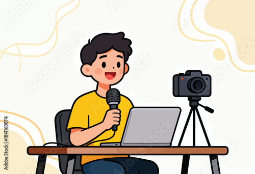 A cartoon man with a mic, laptop, and camera is live streaming, smiling, against a tan backdrop