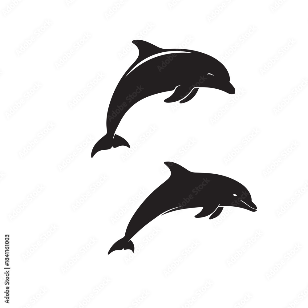 Fototapeta premium Dolphin Silhouette Vector Set Black and WhiteDolphin Animal Silhouette Minimal Vector IllustrationDolphin Black White Ocean Silhouette Collection