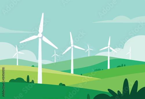 Illustration of a serene landscape with several wind turbines spread across rolling green hills, under a blue sky