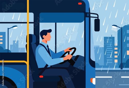 A bus driver steers through a rainy cityscape. Raindrops streak across the windows. The city skyline is visible