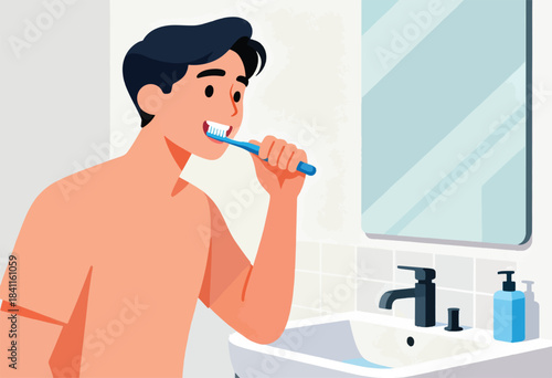 A man in a bathroom brushes his teeth at the sink, with mirror, faucet, and soap dispenser
