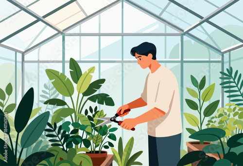 A person prunes plants in a light-filled greenhouse. Various green plants surround them and fill the space