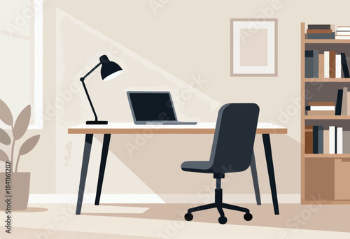An inviting office room illustration with a desk, laptop, chair, bookshelf, plant, and window