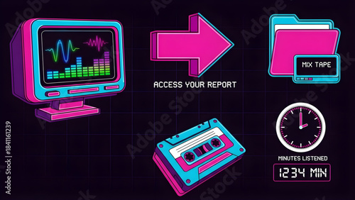 Dynamic 80s neon-style audio data report system with visual sound analysis, access folder, and listening time metrics dashboard