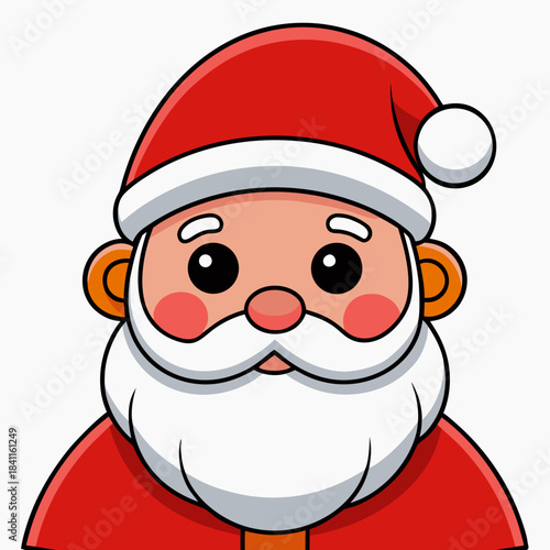 Cute Santa Claus face vector illustration with red hat, white beard, rosy cheeks, and cheerful expression. Perfect for festive holiday designs