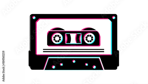 Retro Audio Cassette Tape Icon with Glitch Effect, Vintage Music Storage Media Symbol