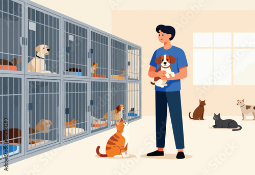 A cartoon depicts a shelter with cages of dogs, a man holding a puppy, a cat observing. Other pets roam