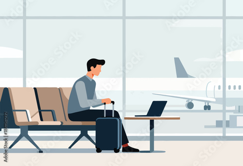 Illustration of a person at an airport, working on a laptop while waiting for their flight. Plane visible