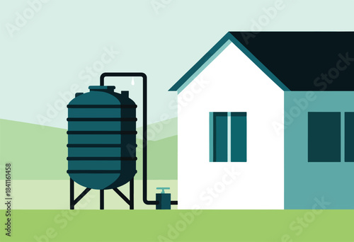 Stylized illustration of a house with a water tank and plumbing. Water conservation concept