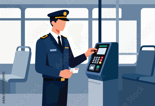 A uniformed person checks a card at a payment terminal inside a public transport vehicle