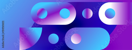 Abstract shapes, vibrant colors, gradients create modern design. Blue, purple hues dominate composition. Smooth transitions present dynamic visual.